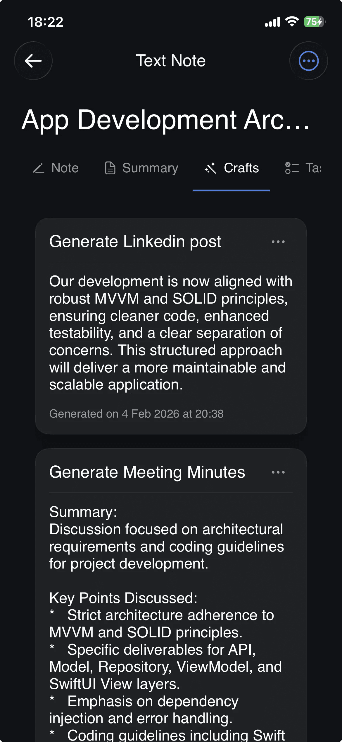 AI Crafts formats screen with content templates