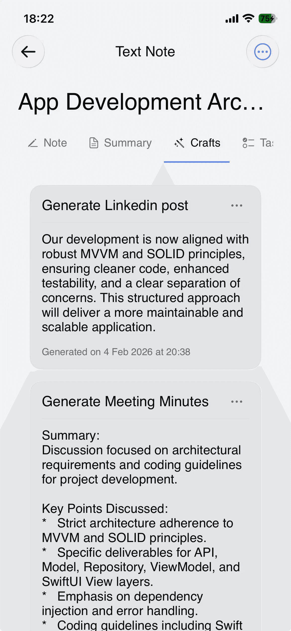 AI Crafts formats screen with content templates