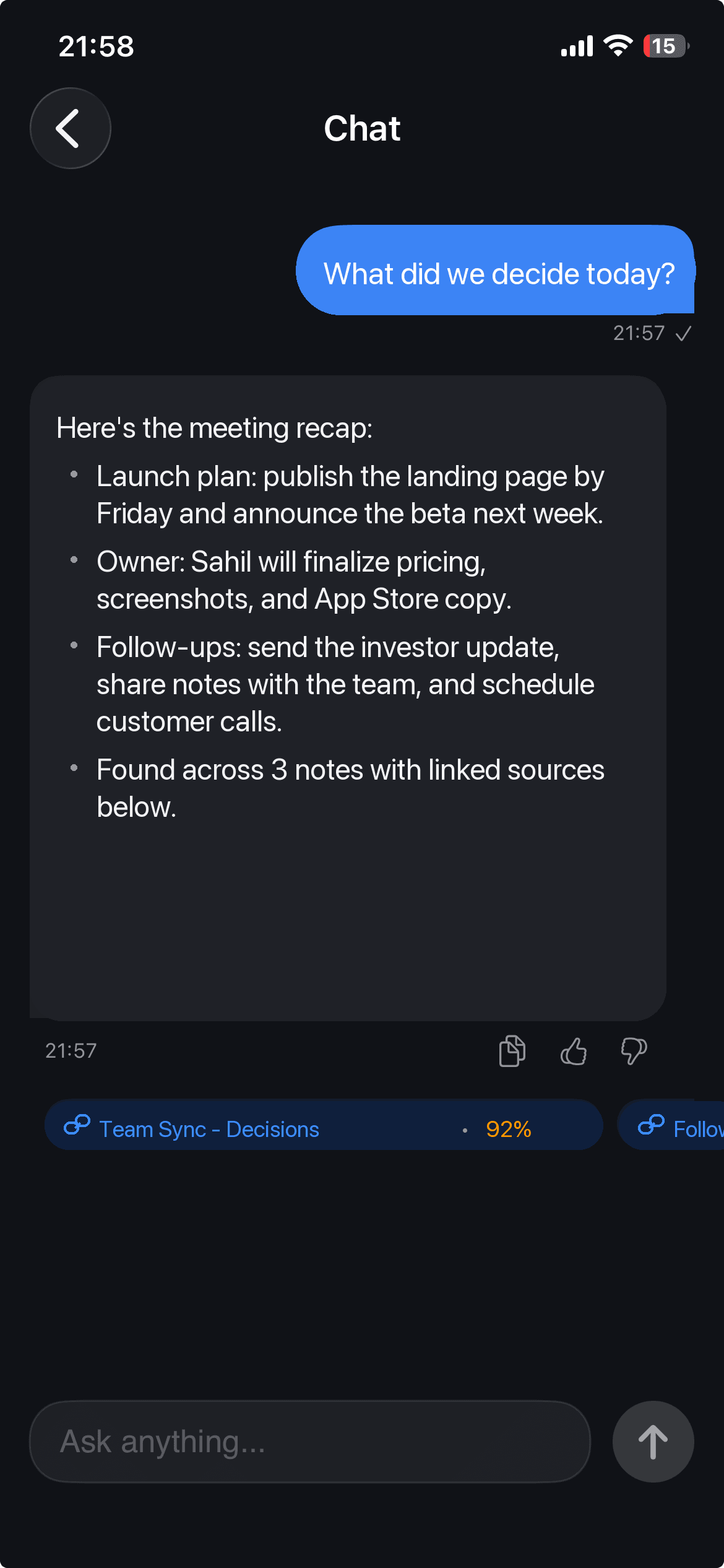 Ask AI chat view showing meeting decisions from saved notes