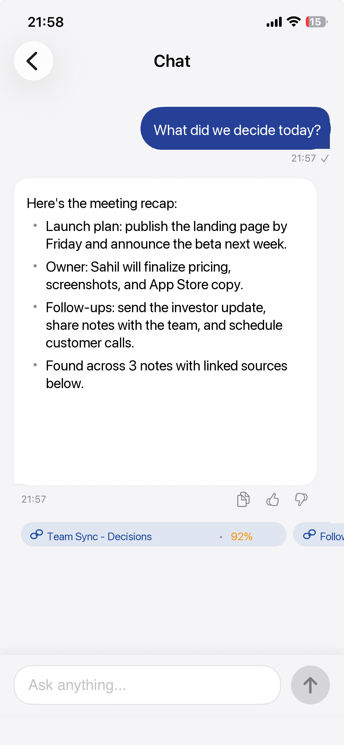 Ask AI chat view showing meeting decisions from saved notes