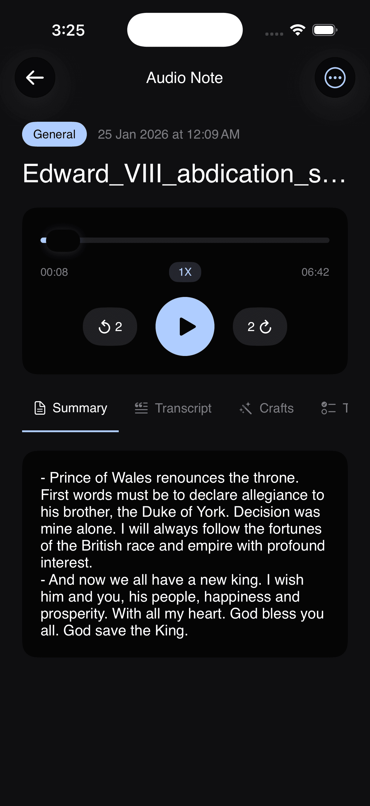 Audio note screen with a player and summary tab