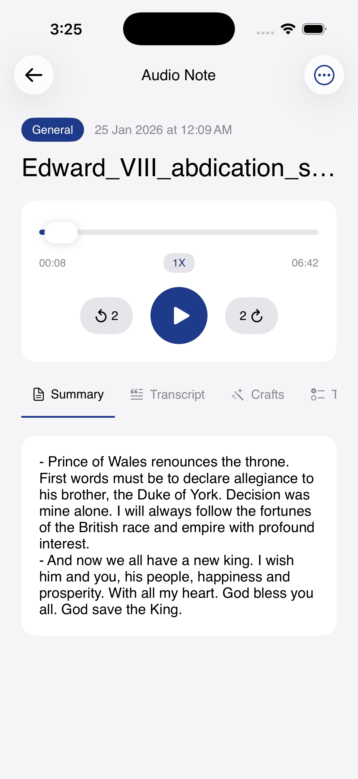 Audio note screen with a player and summary tab