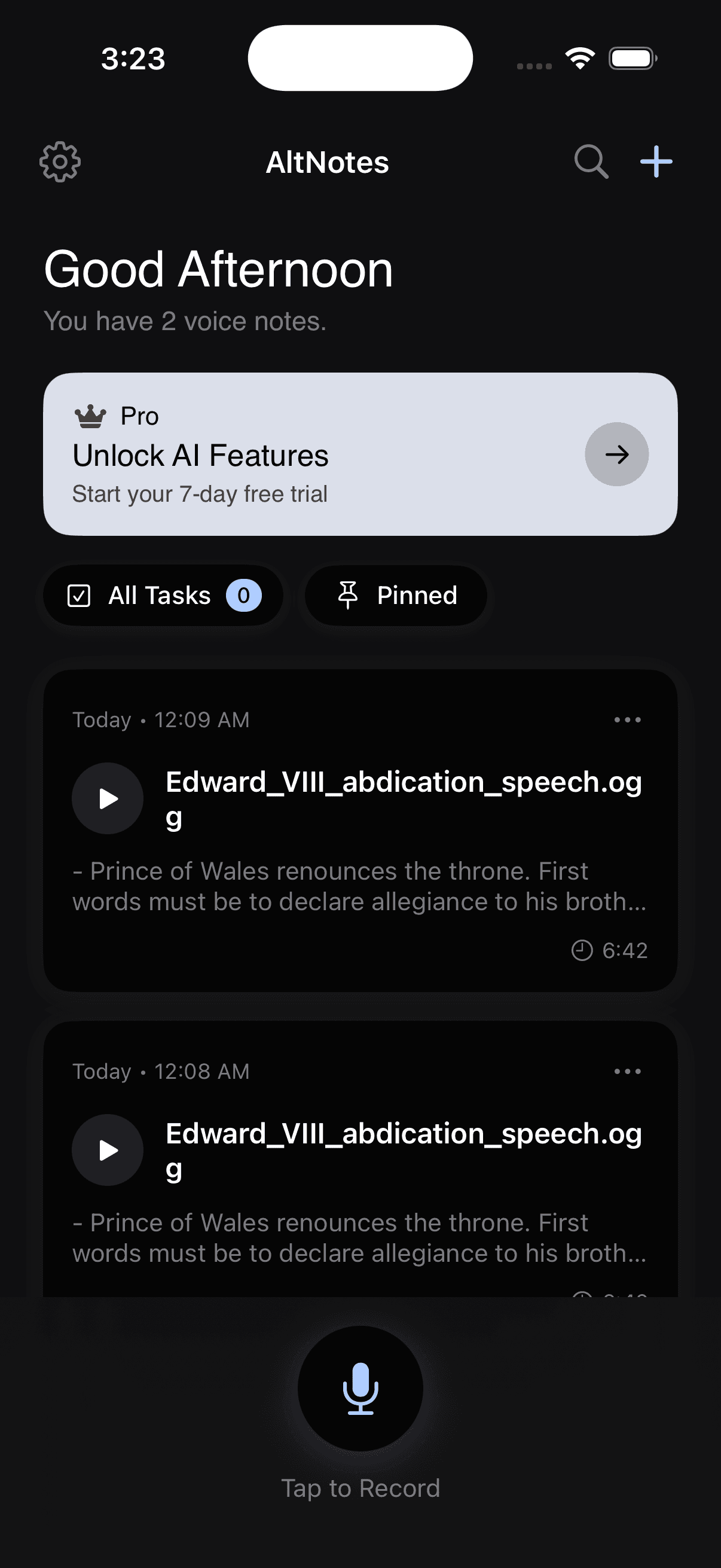 Home screen showing your notes list and a microphone record button