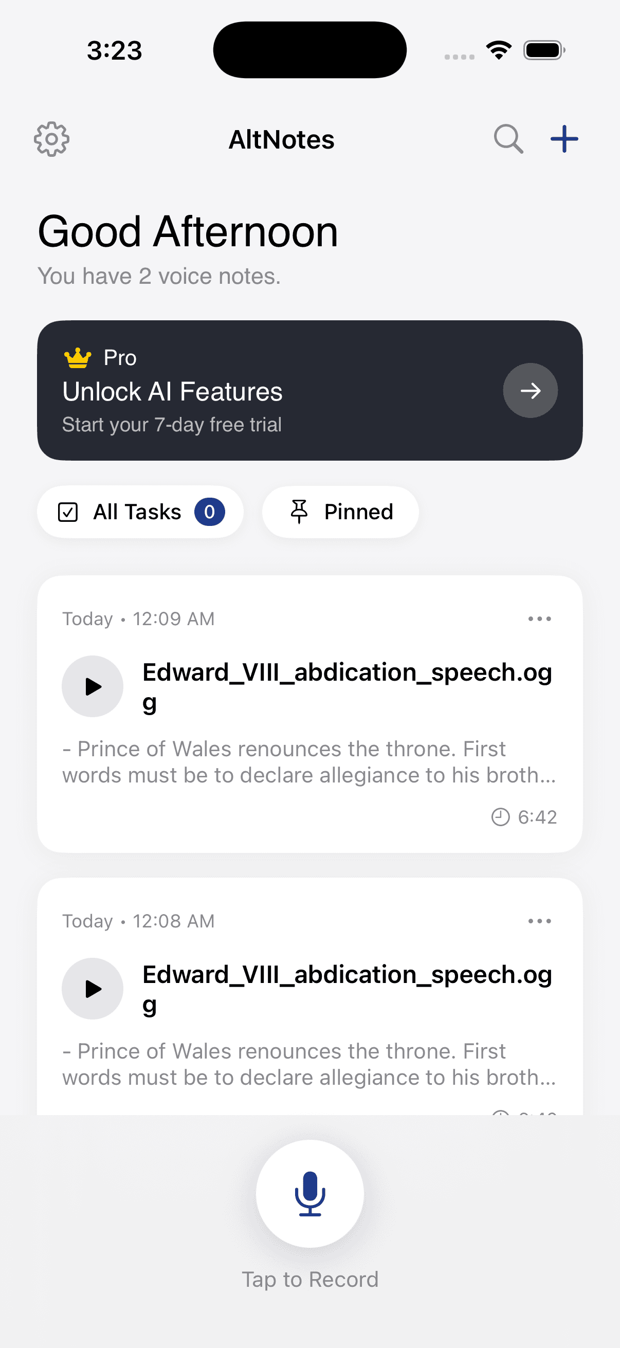 Home screen showing your notes list and a microphone record button