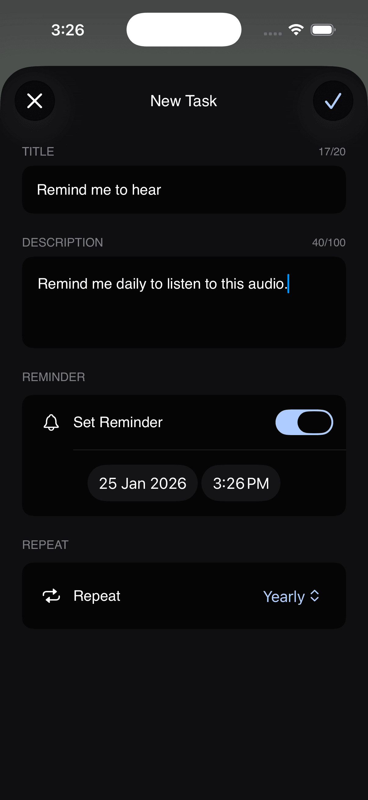 New task input screen