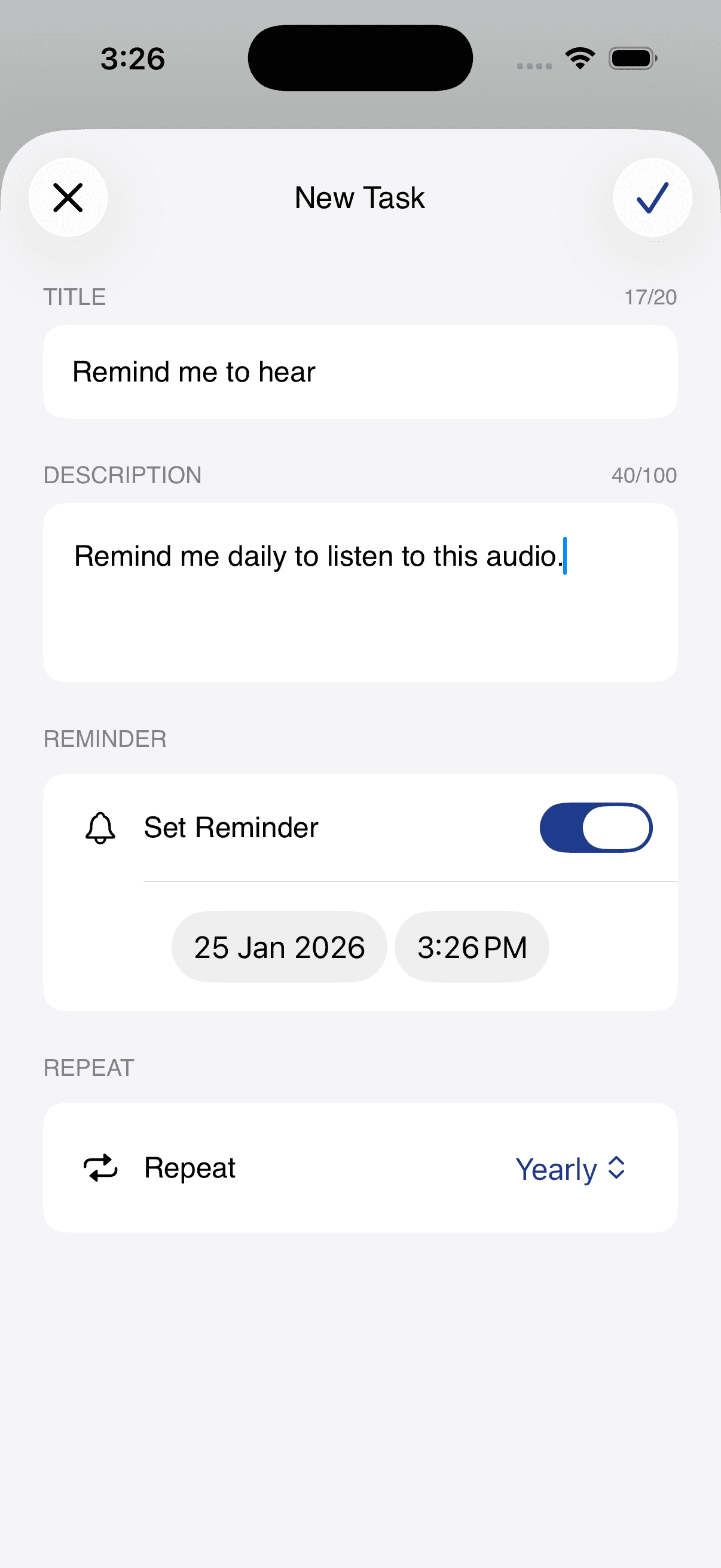 New task input screen