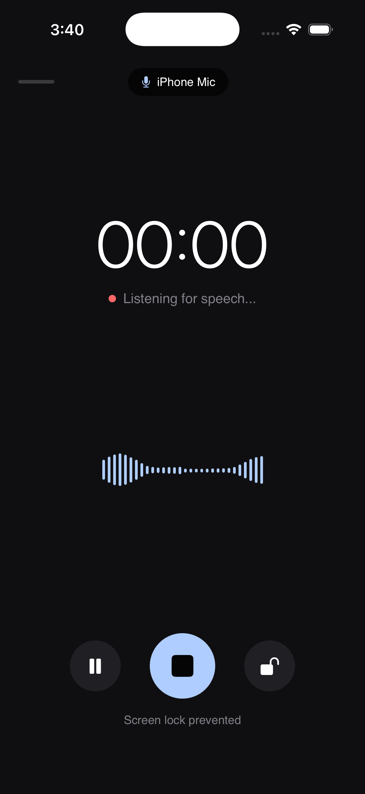 AltNotes recording screen with a live timer and waveform