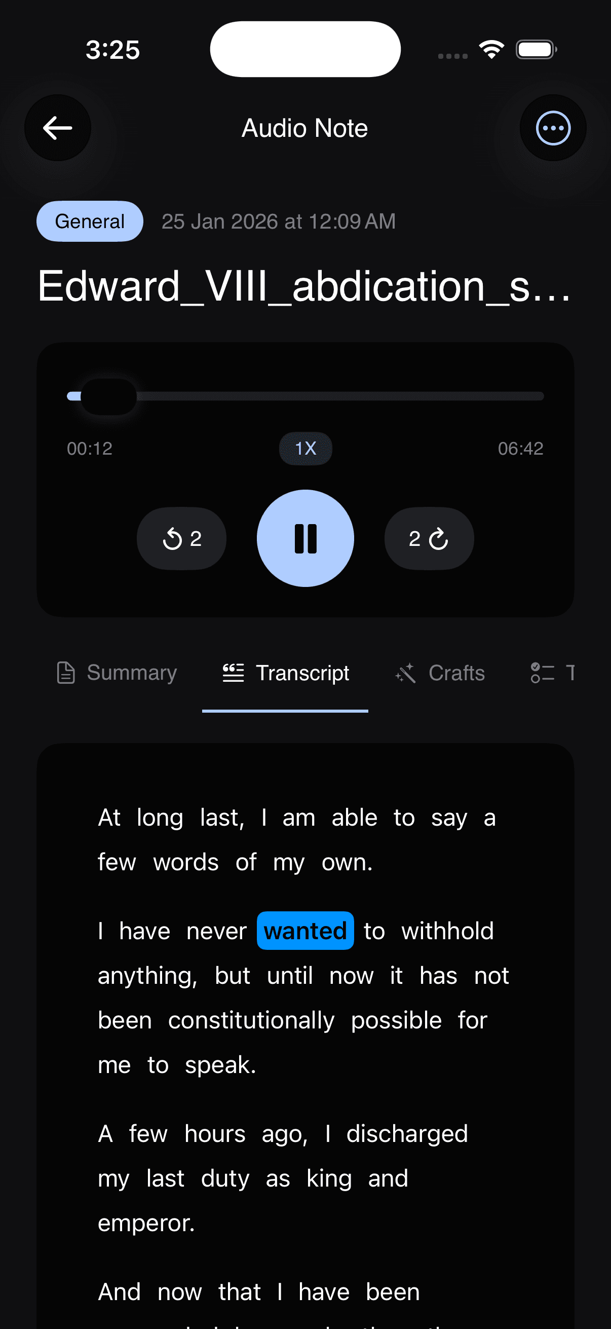 Full transcript view with speaker turns and timestamps