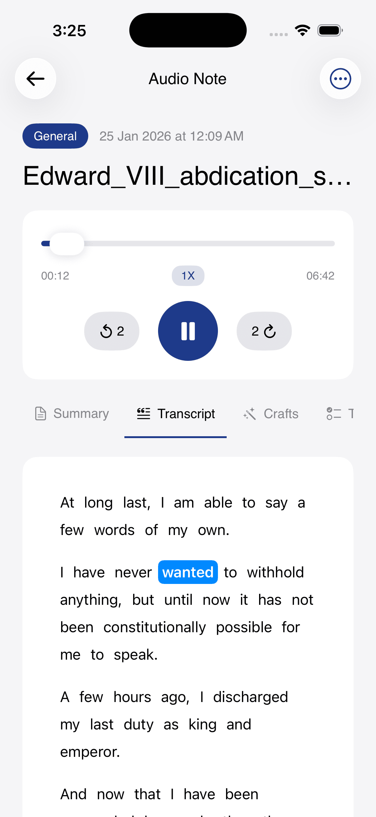 Full transcript view with speaker turns and timestamps