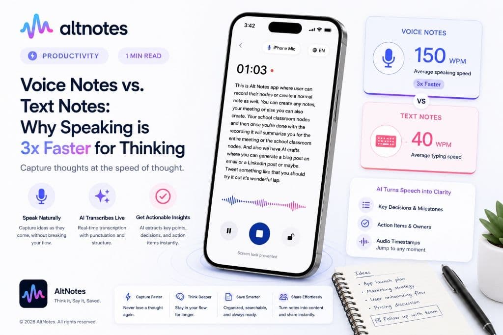 Voice Notes vs. Text Notes: Why Speaking is 3x Faster for Thinking