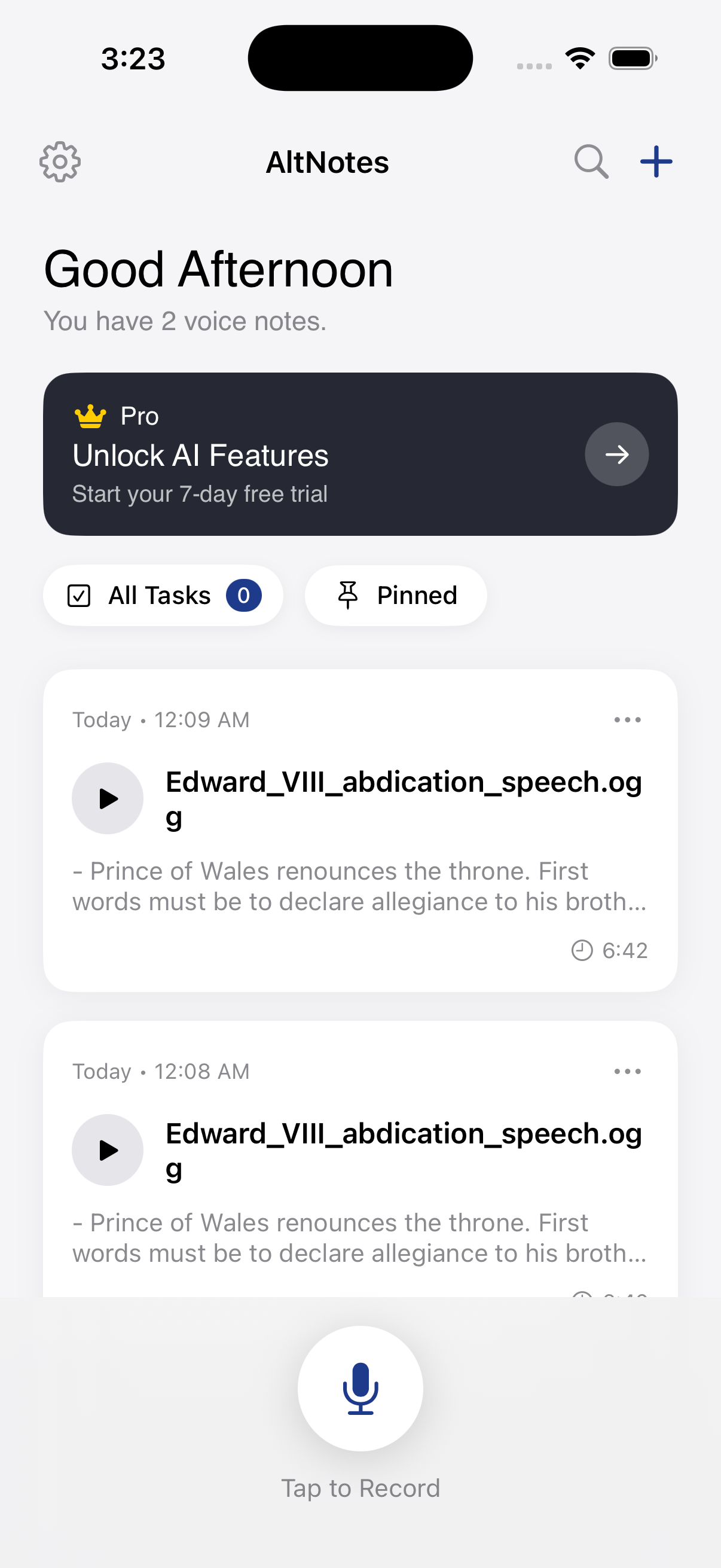 Home screen showing your notes list and a microphone record button