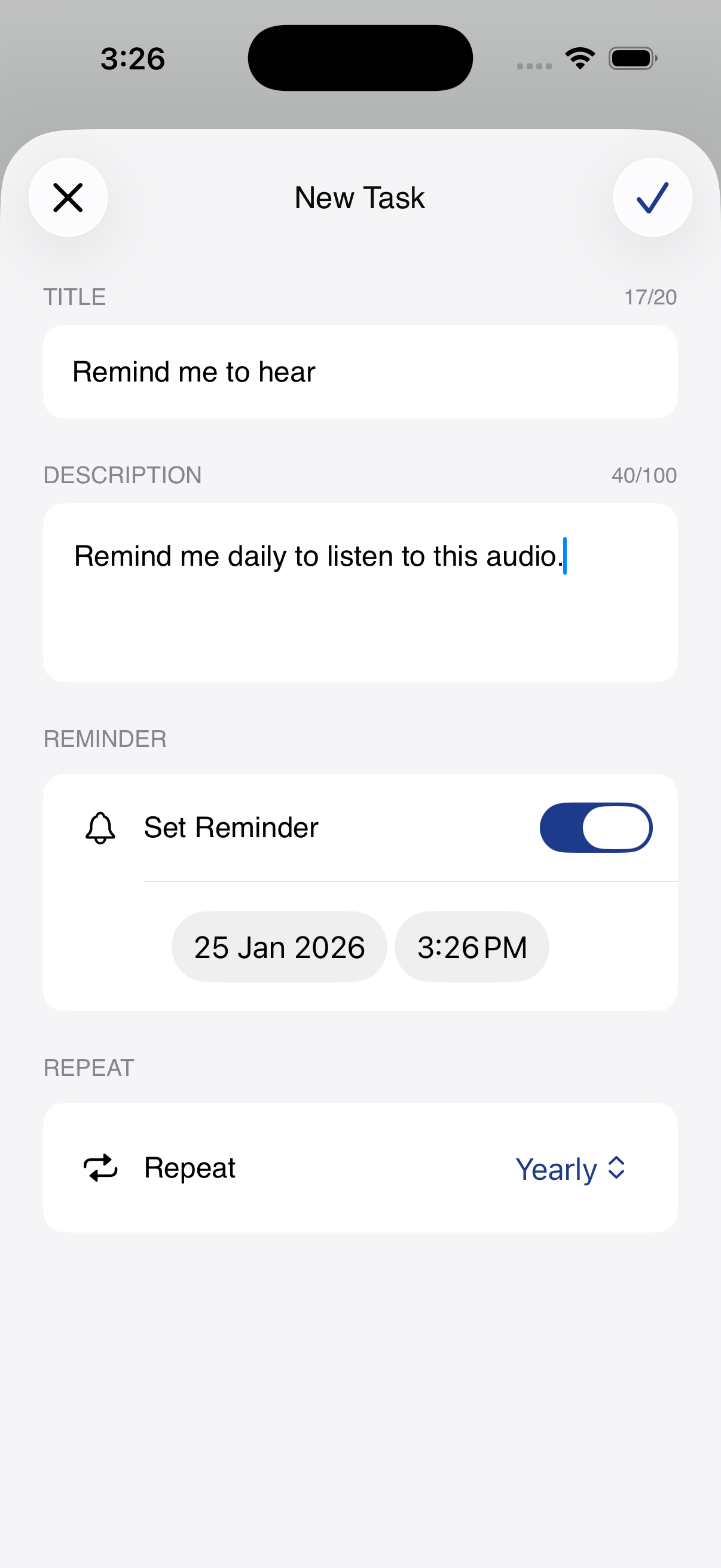New task screen with title, description, reminder toggle, and repeat