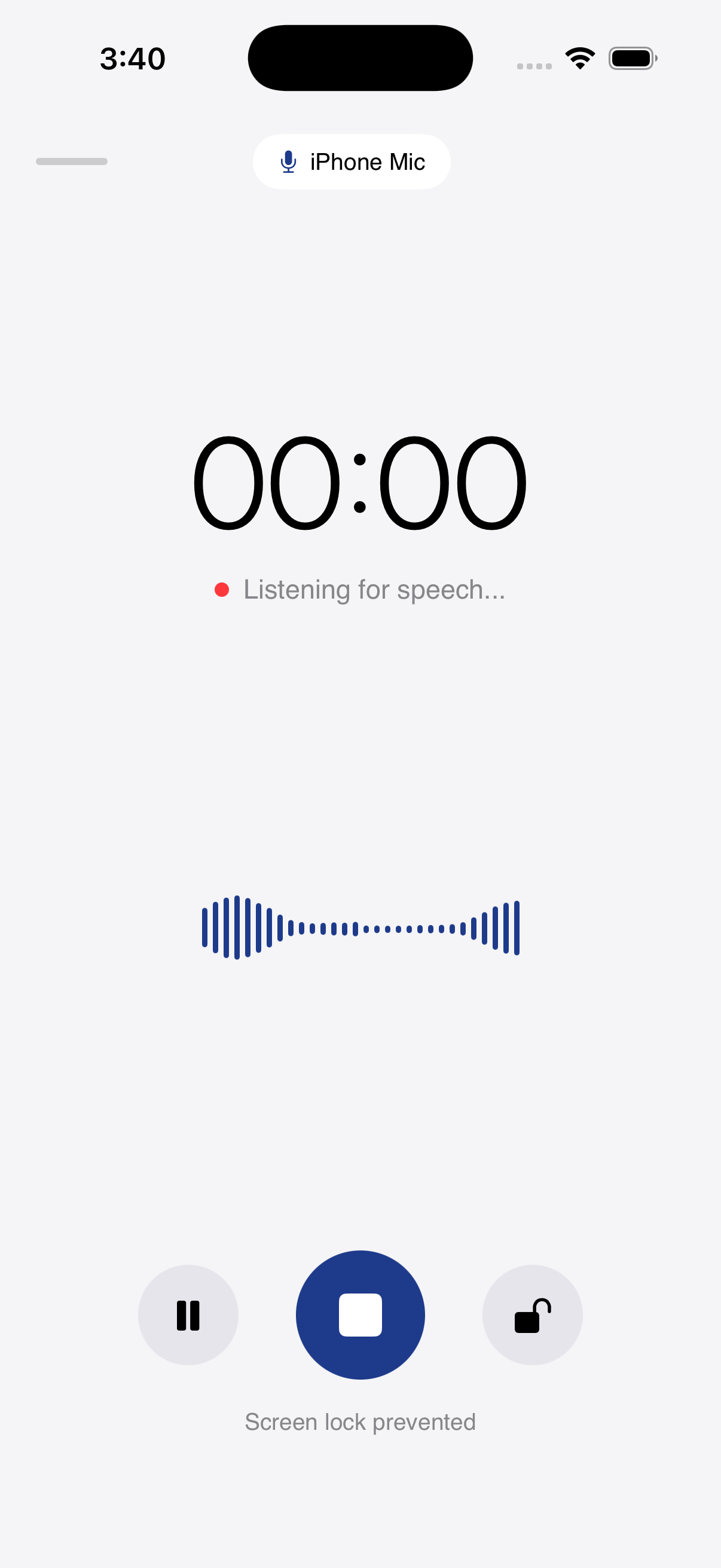 AltNotes recording screen with a live timer and waveform
