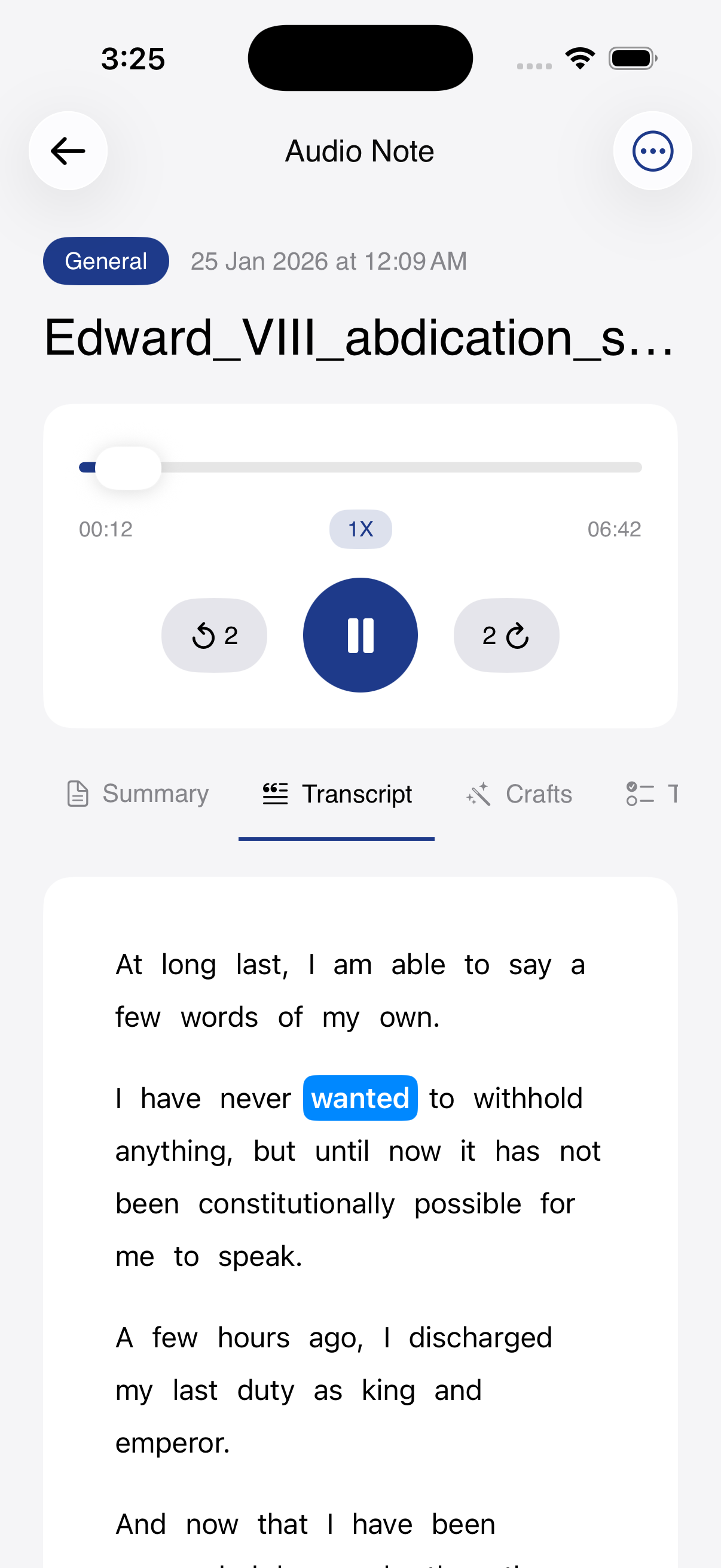 Transcript tab with highlighted current word